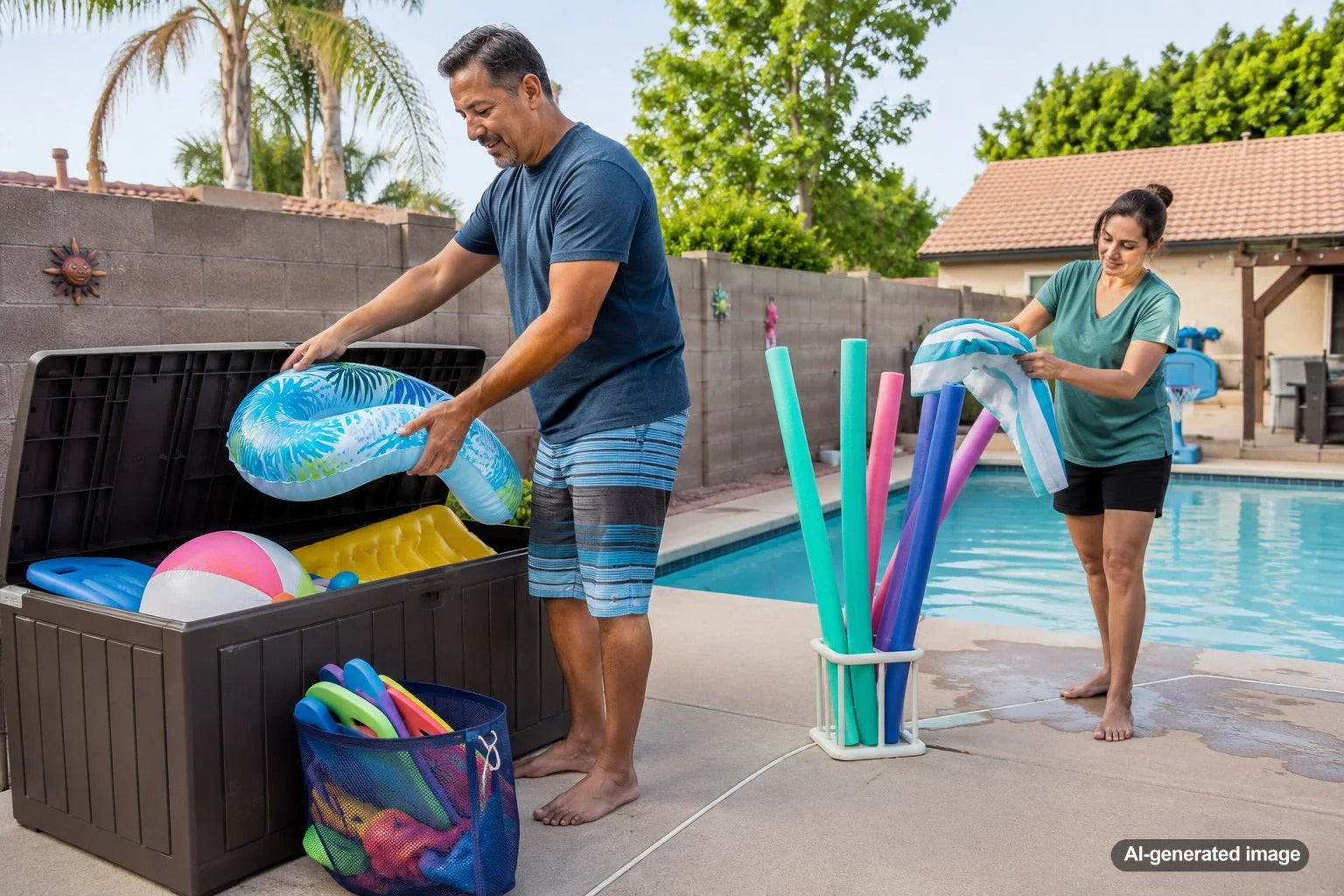 Pool floats and toys stored neatly near a backyard swimming pool to help prevent sun damage, mold, and wear