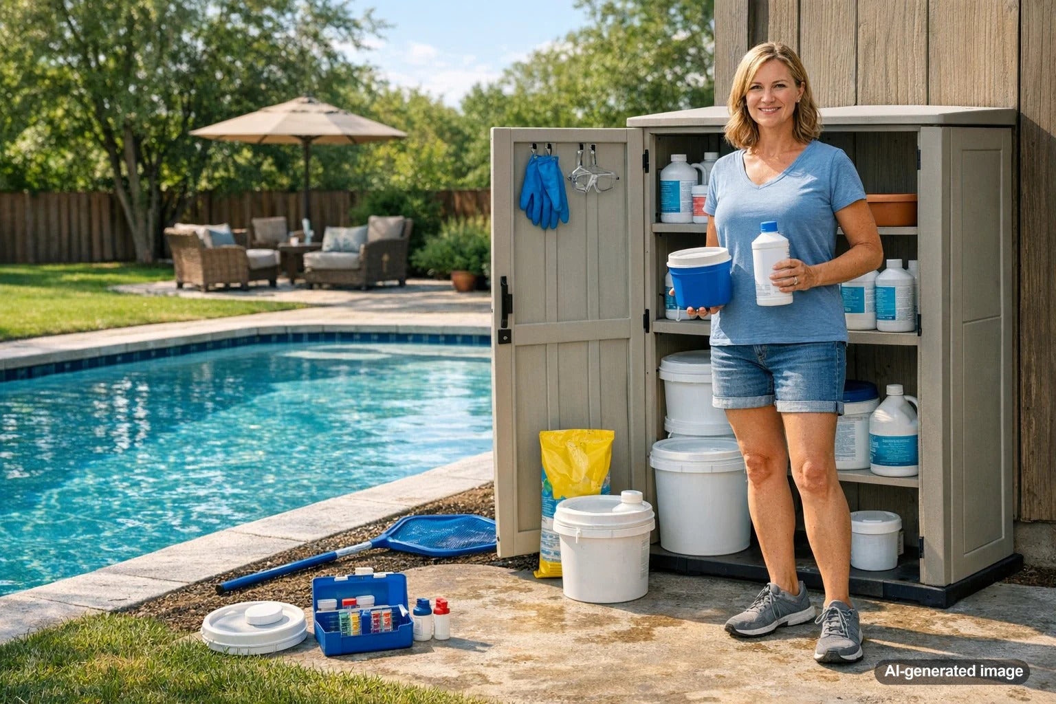 Proper storage setup for pool chemicals in a cool, dry, ventilated space
