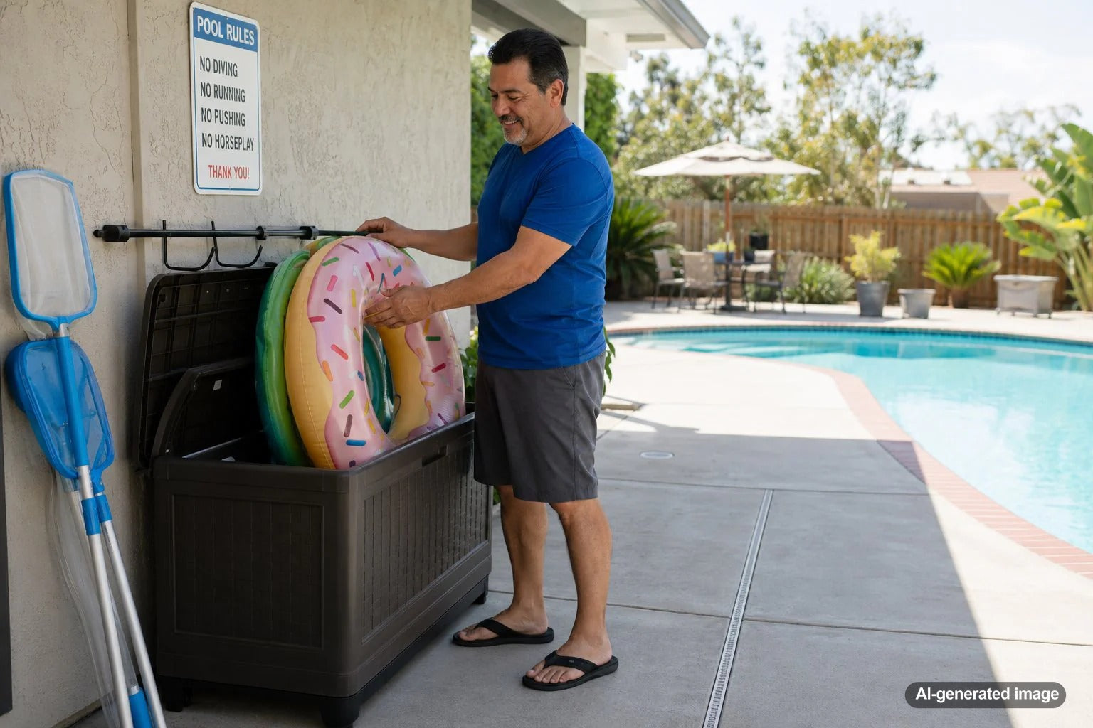Organized pool floats stored safely away from pool deck walkways to reduce tripping hazards