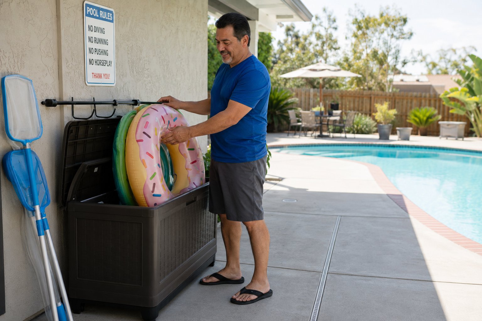 Organized pool floats stored safely away from pool deck walkways to reduce tripping hazards