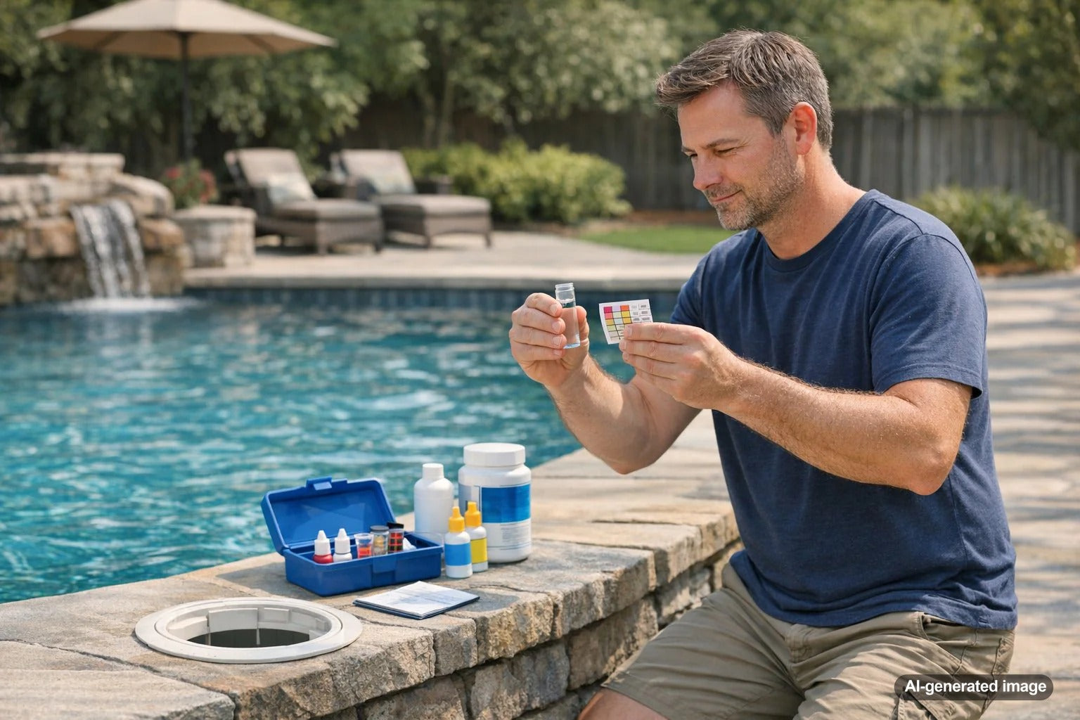 Couple calmly reviewing pool maintenance and household costs together by their backyard swimming pool