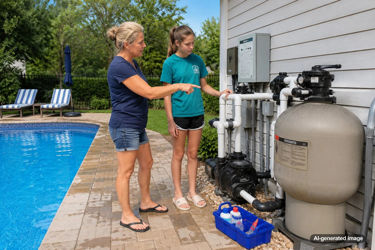 Teen helping clean and maintain a residential backyard swimming pool under adult supervision