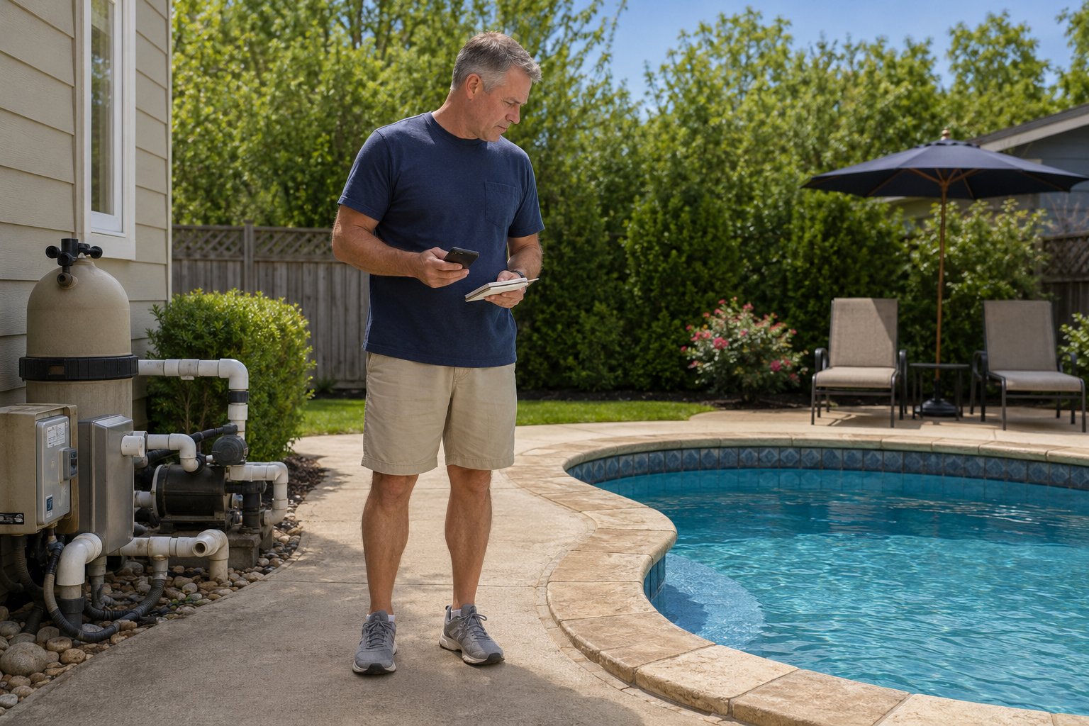 Pool owner checking water level to determine whether a pool leak may be structural or plumbing related
