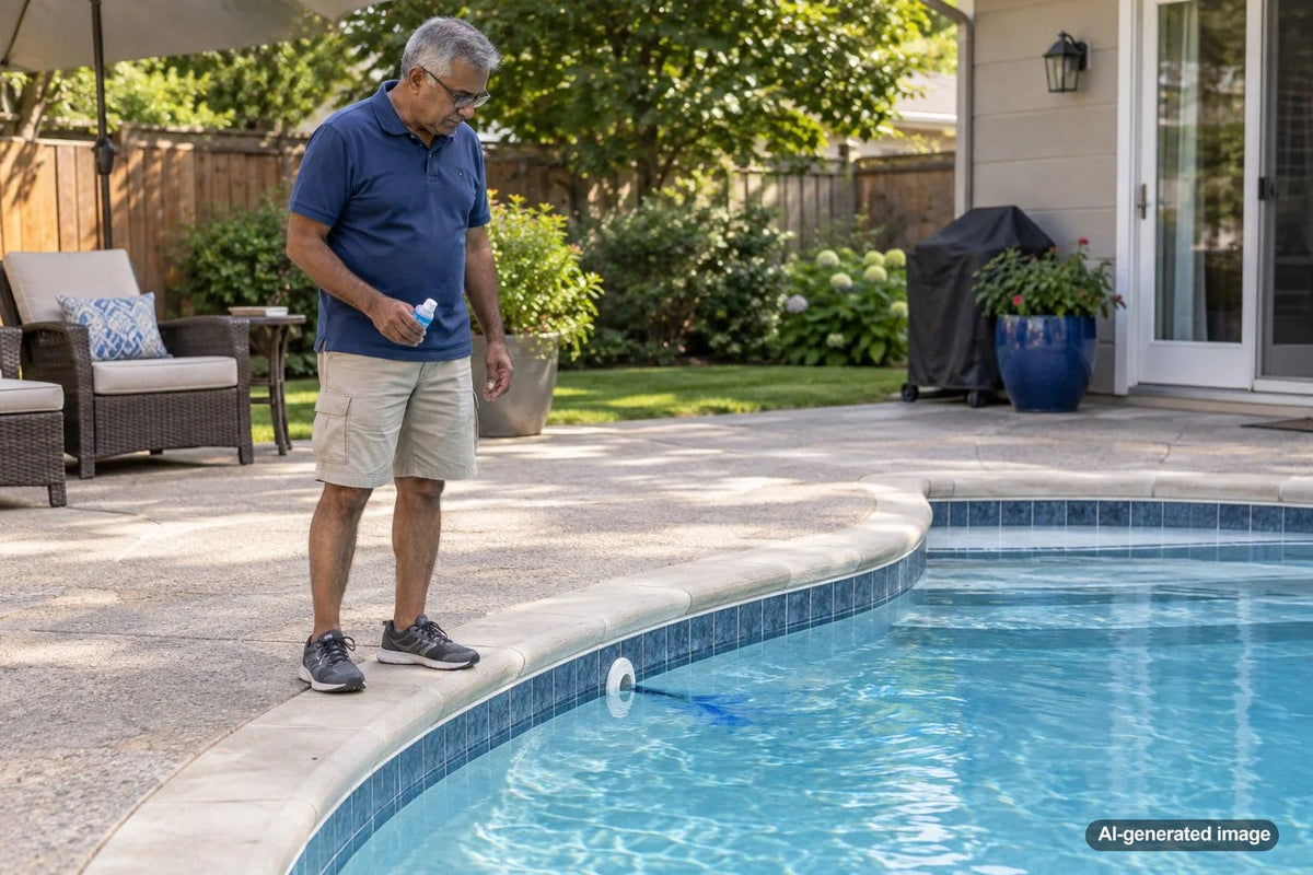 Swimming pool return fitting being inspected for a possible water leak