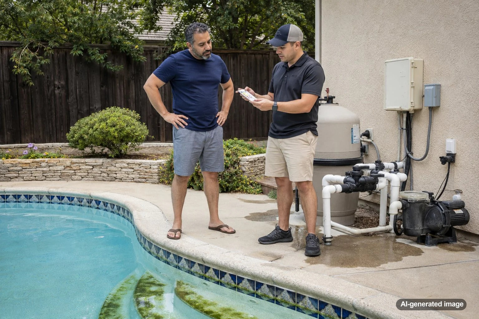 Homeowner inspecting a residential swimming pool with algae concerns and possible water loss