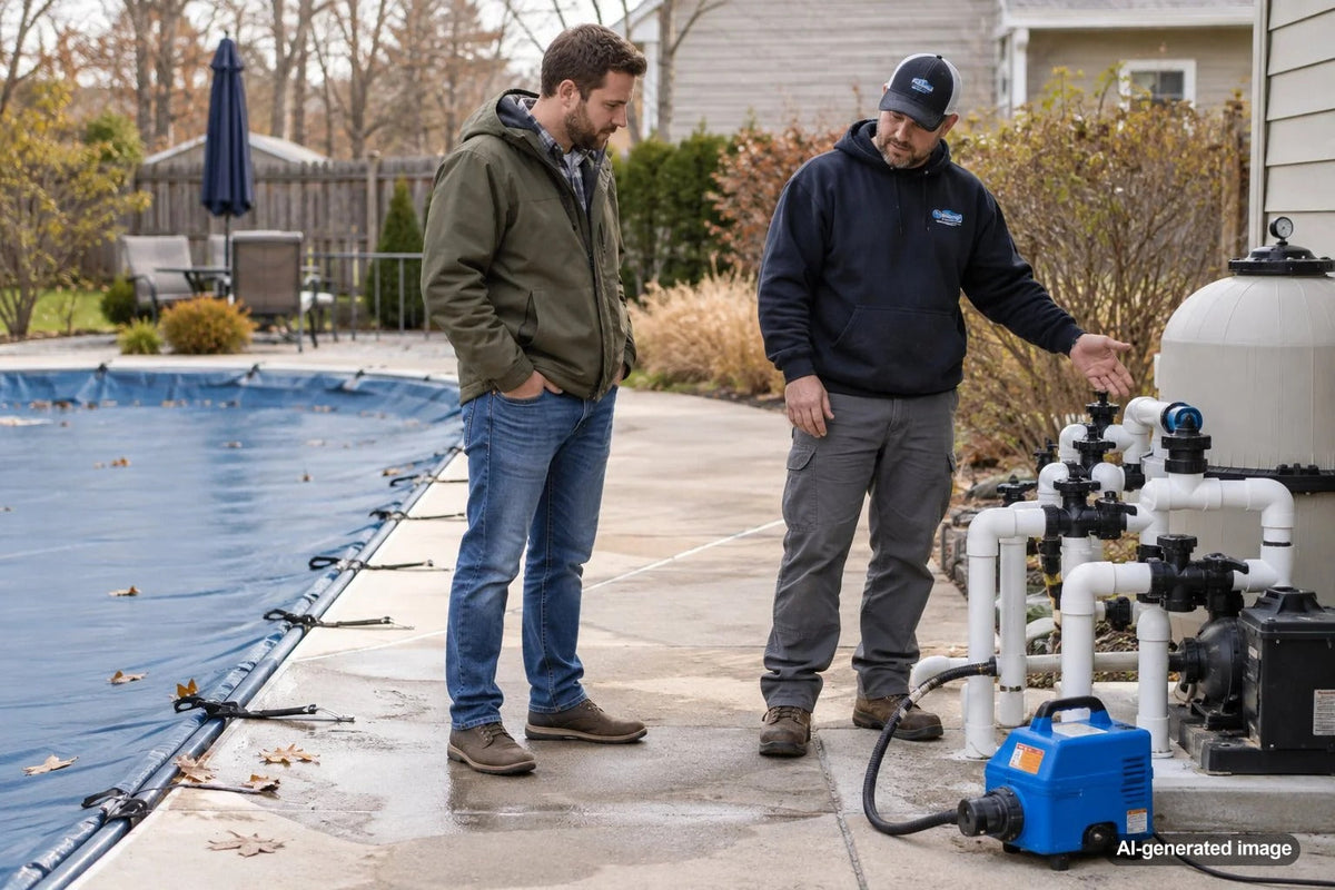 Swimming pool return fittings and winterizing plugs used to check whether pool plumbing lines were properly blown out before freezing weather