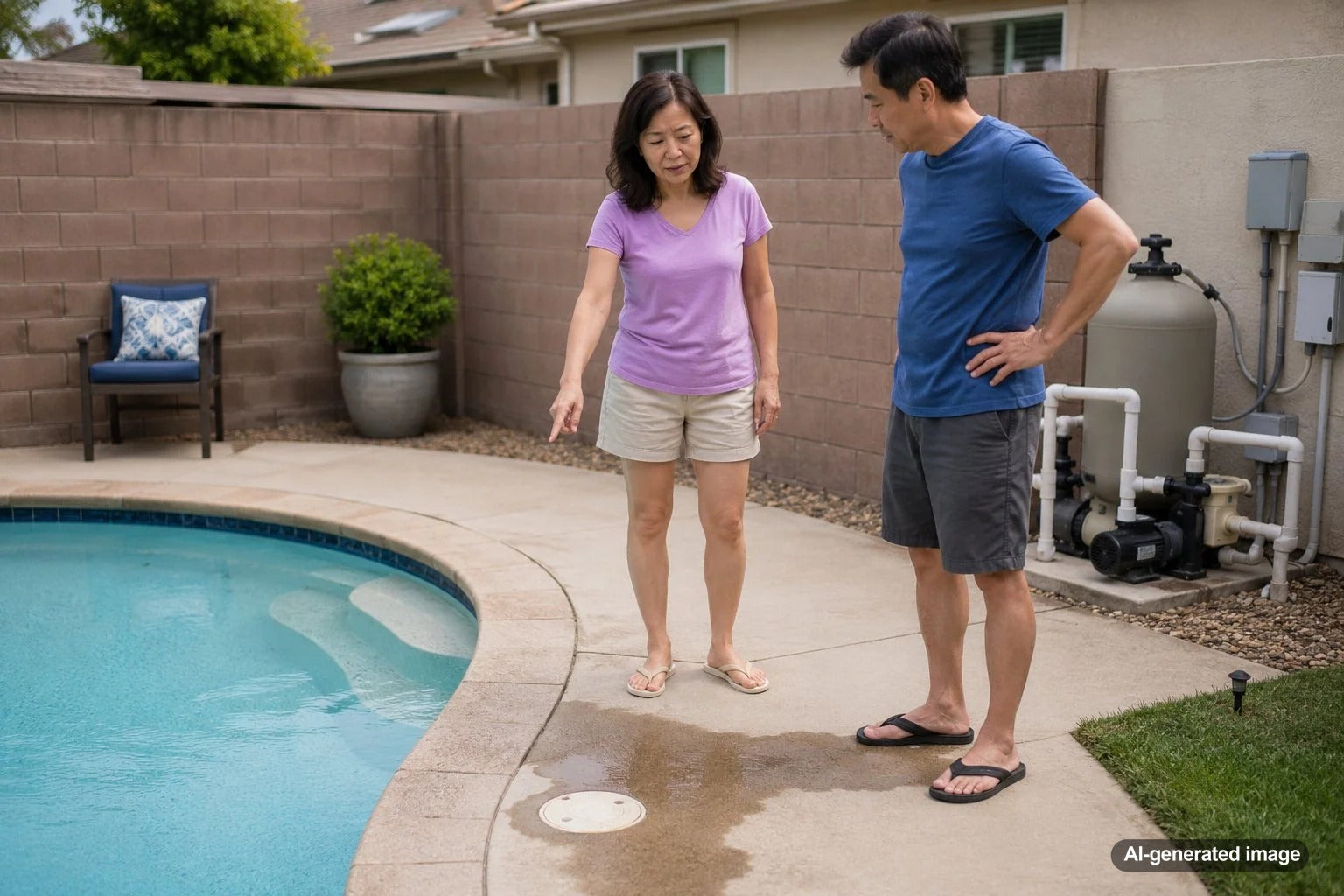 Pool professionals inspecting a residential backyard for signs of leaking underground pool plumbing