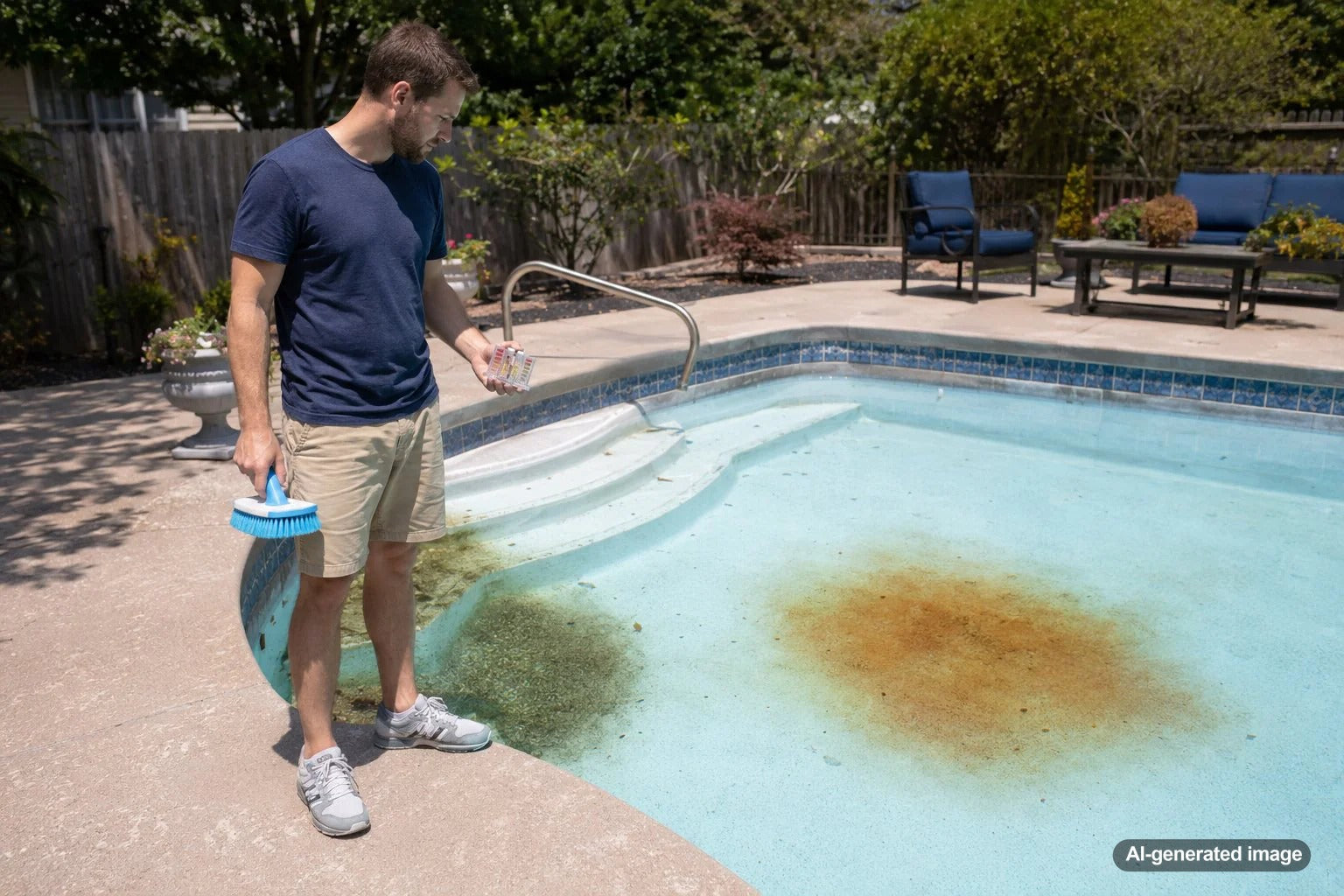 Pool surface stain comparison guide showing how to identify organic and metal stains
