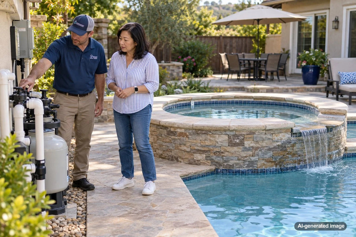 Attached swimming pool and spa being monitored separately for possible water loss and leaks
