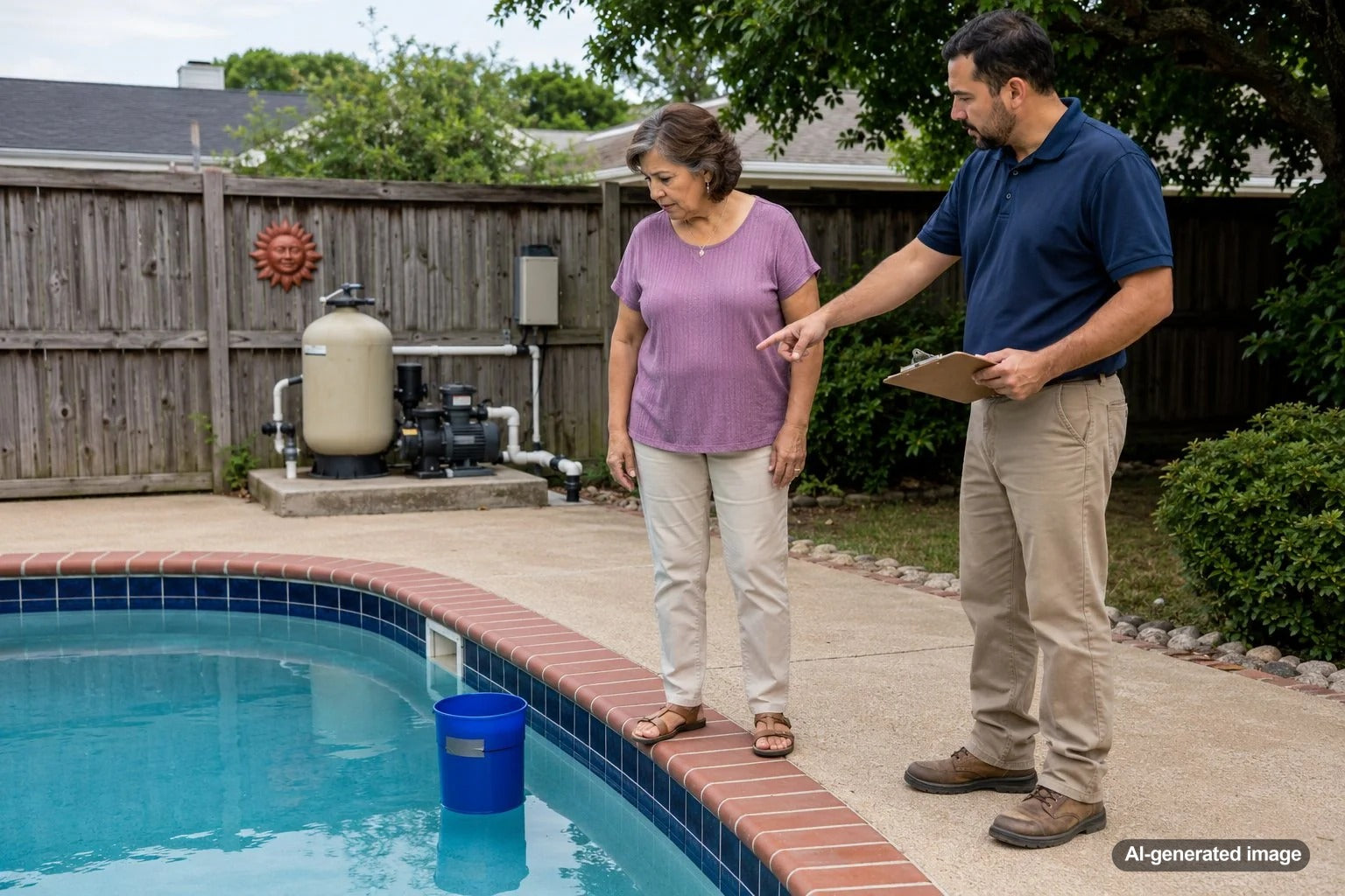 Home buyer inspecting an in-ground swimming pool for possible leaks before purchasing a house