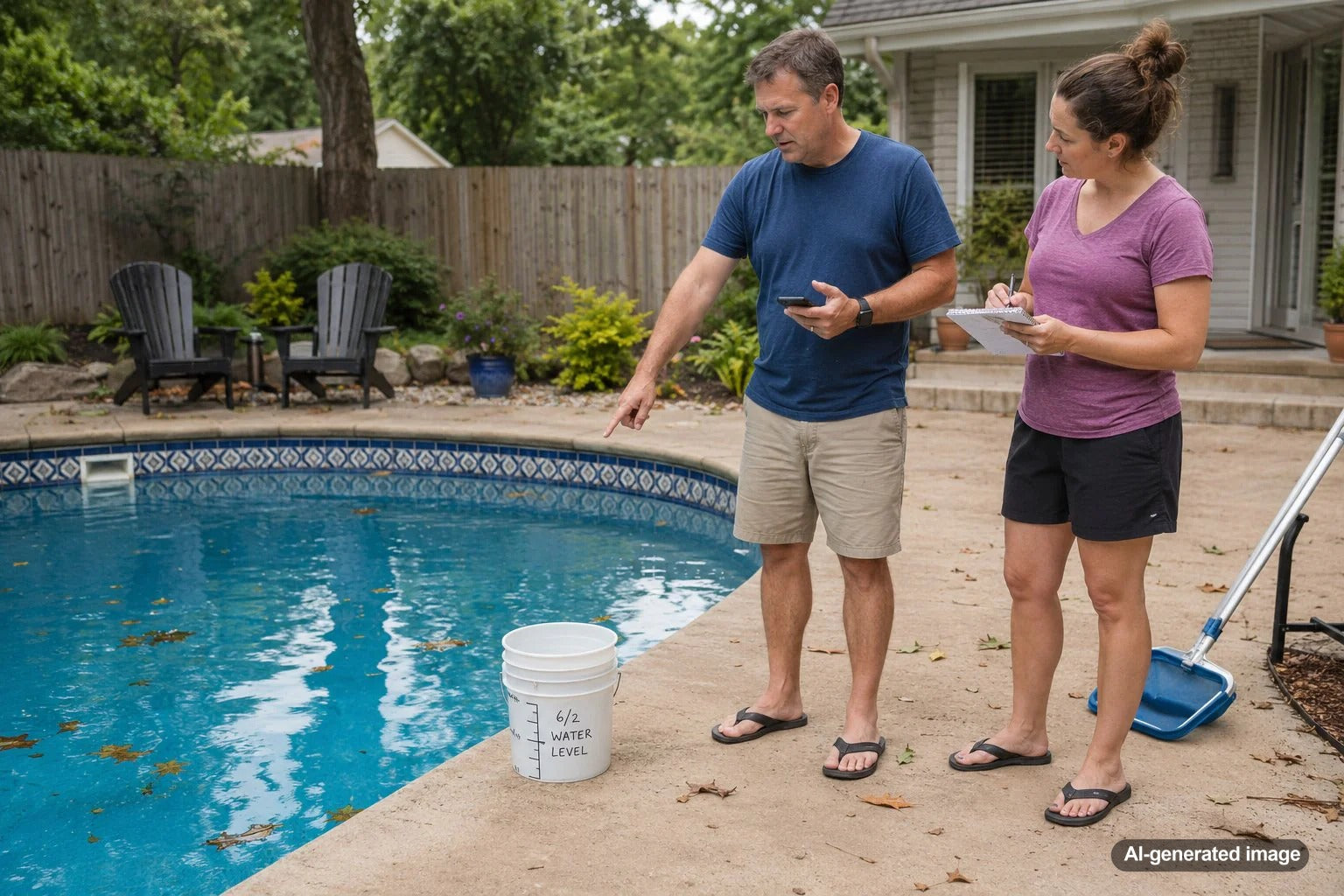 Backyard swimming pool after a storm with a homeowner tracking water level near the tile line