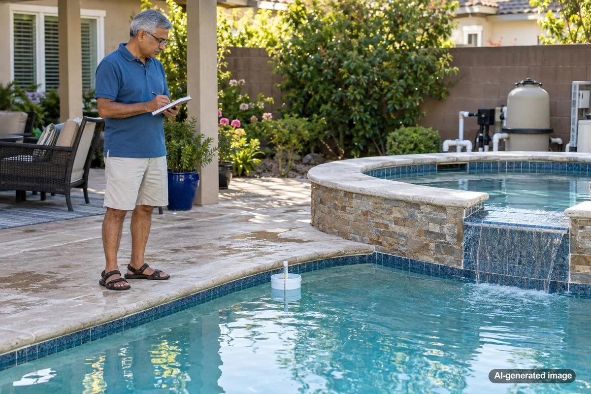 Homeowner tracking water levels in an attached swimming pool and spa to investigate possible water loss