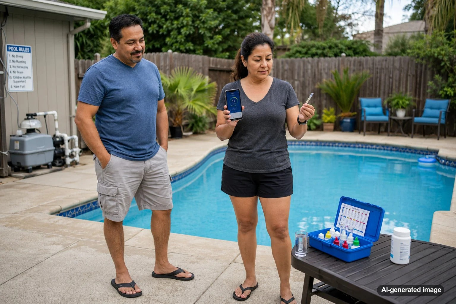Pool owner using a mobile app while checking swimming pool water test results