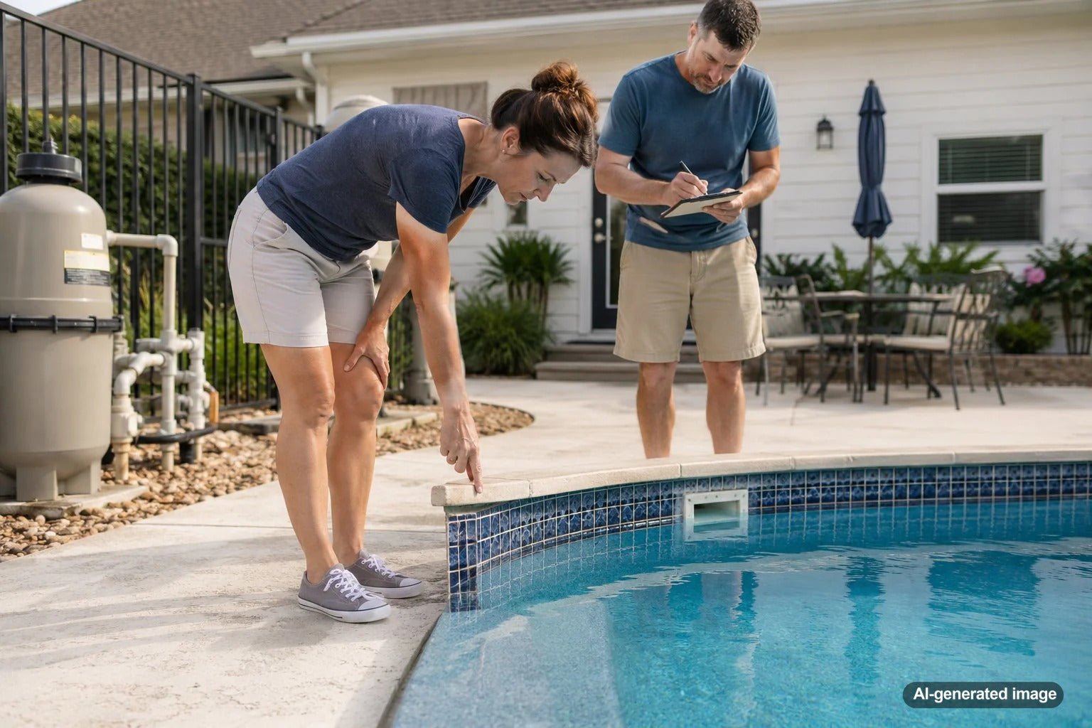 Pool owner checking swimming pool water level changes to help narrow down possible leak sources