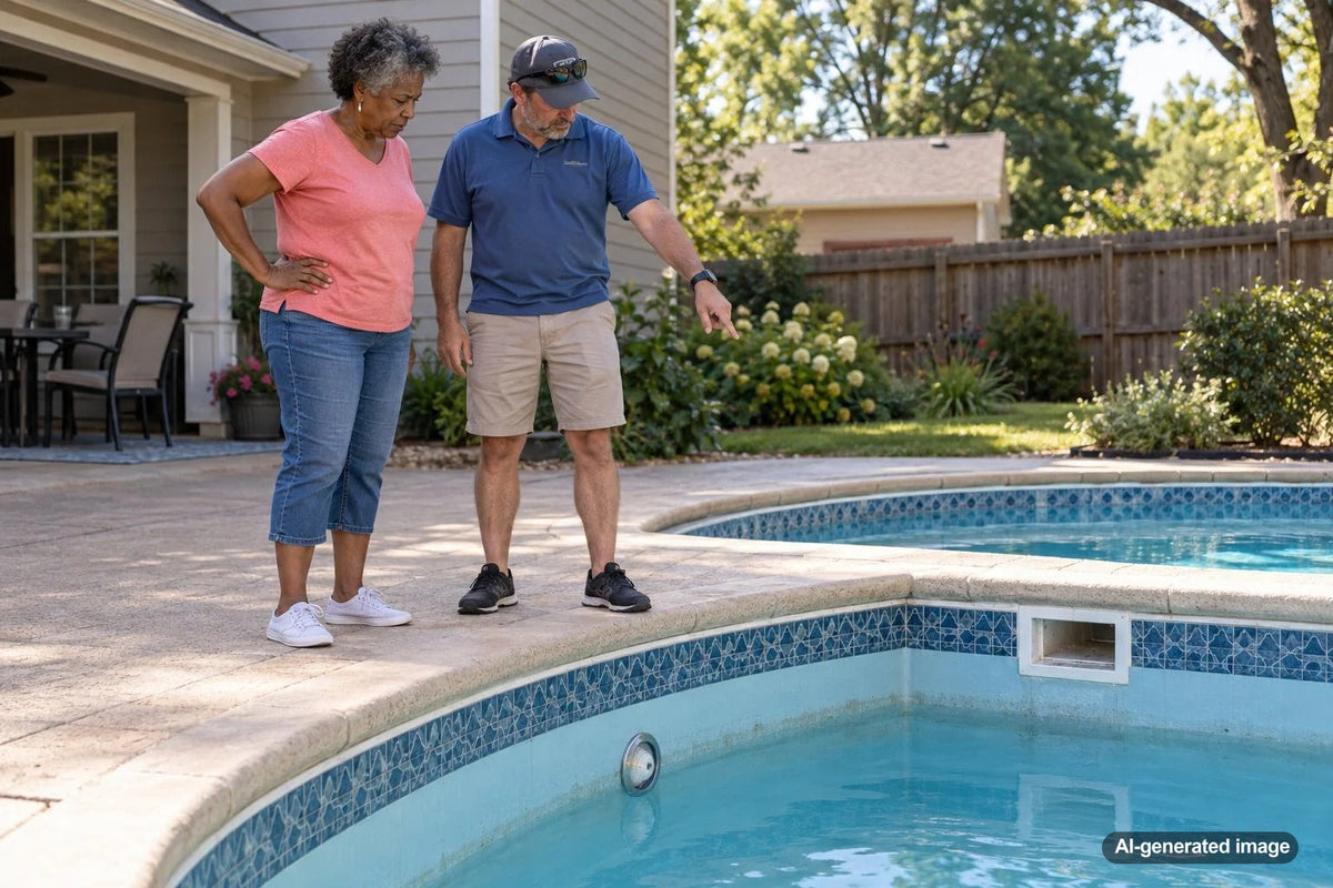 Residential swimming pool waterline near a skimmer and wall fittings, illustrating how the level where water loss stops can help narrow down a suspected pool leak.
