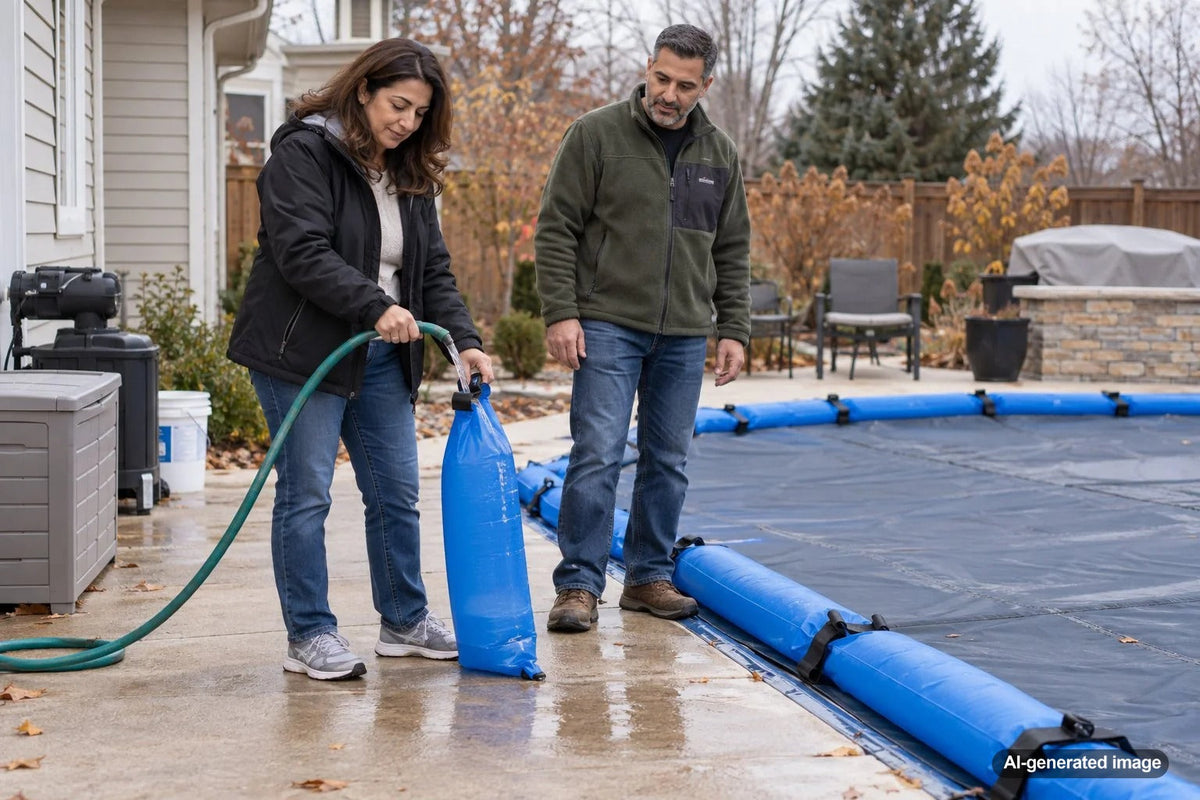 Water bags partially filled and positioned around an inground pool winter cover before freezing weather