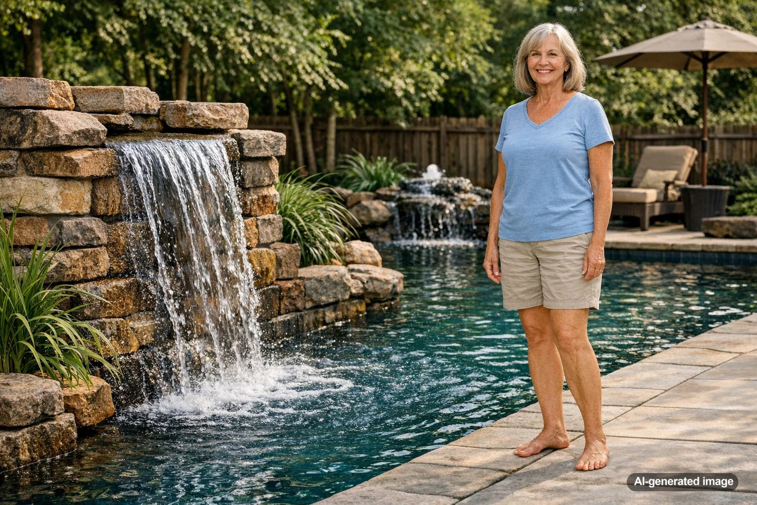 Backyard water feature near a pool designed to create soothing sound and reduce the perception of road noise