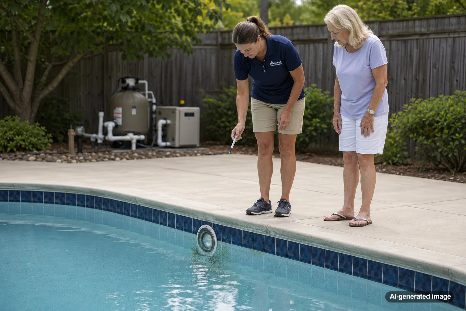 Pool owner inspecting clues around an underwater pool light niche for possible leak-related water loss