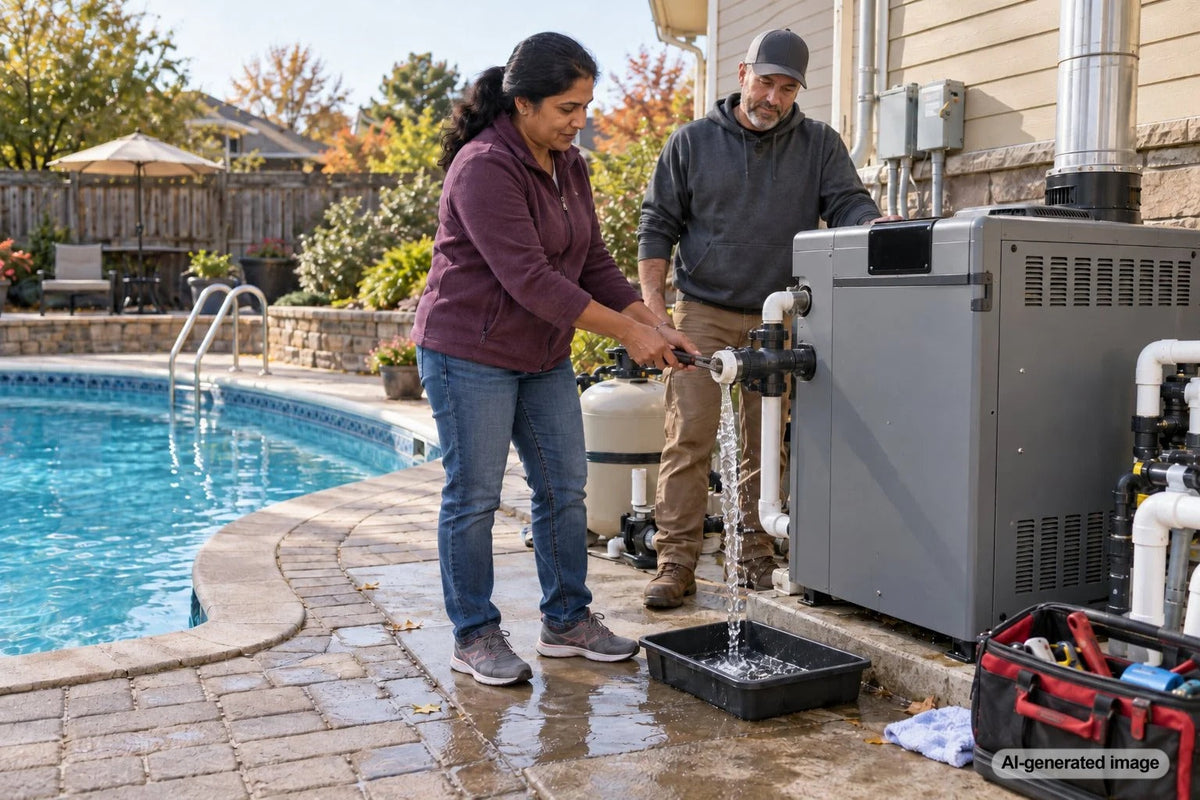 Outdoor gas swimming pool heater and connected plumbing being prepared for winterization to prevent trapped water and freeze damage