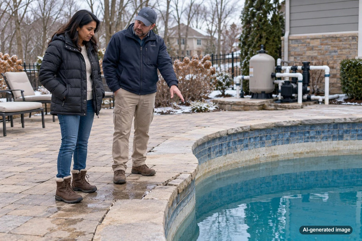 Inground swimming pool during winter showing a lowered water level beneath a seasonal pool cover