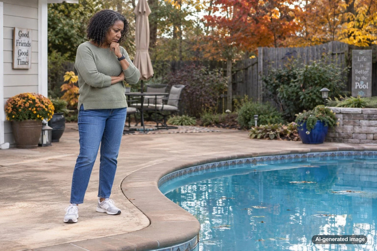Backyard swimming pool being checked for possible water loss and leaks before fall closing