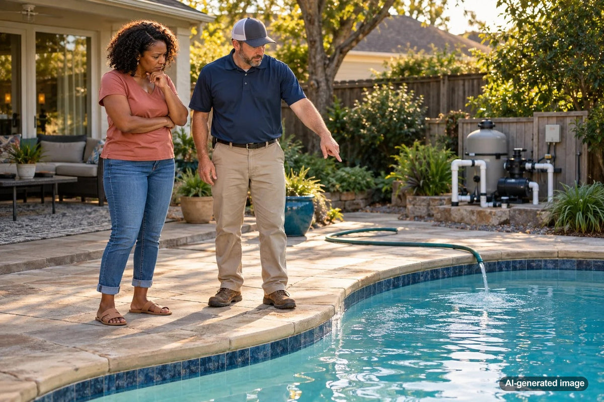 Homeowner evaluating pool water loss to determine whether finding a leak early costs less than repeatedly adding water