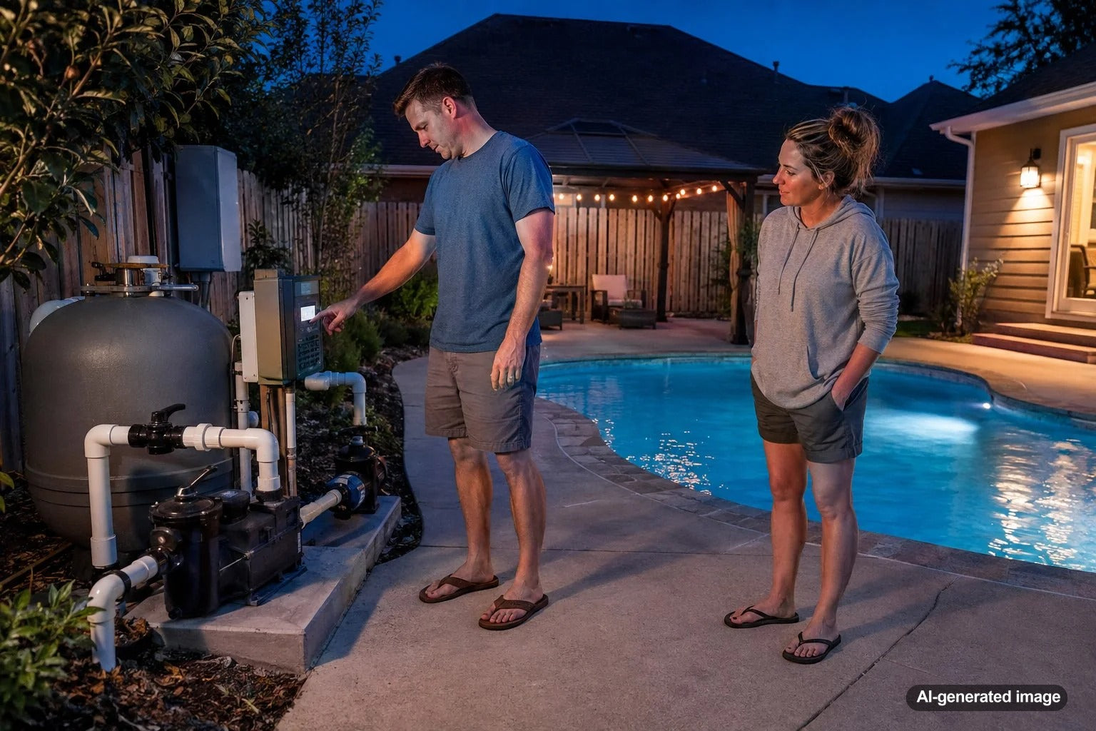 Backyard swimming pool and pump equipment operating during lower-cost nighttime hours