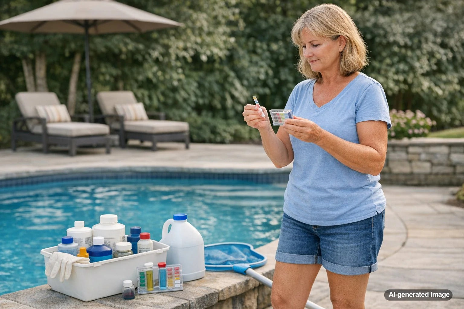 Pool owner checking leftover pool chemicals from last season before opening the pool