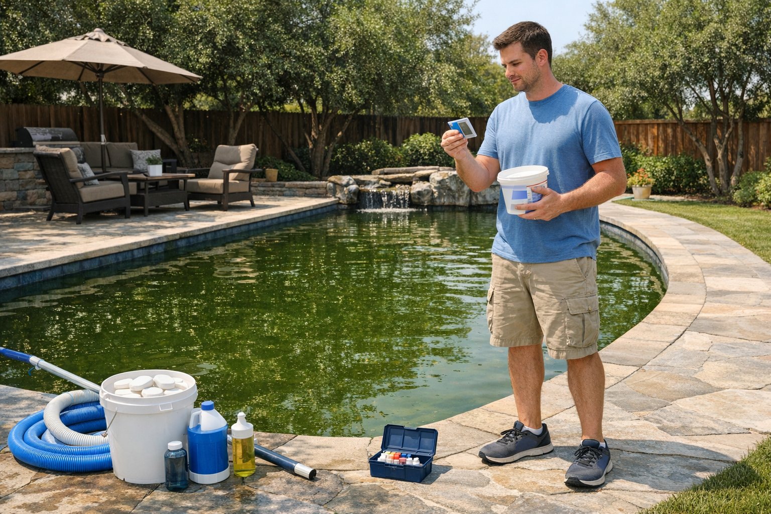 A backyard swimming pool being opened with green water that needs algae treatment and filtration to turn blue again