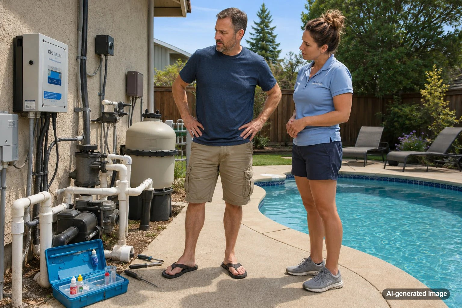 Homeowner checking ozone pool sanitizer equipment beside a residential swimming pool