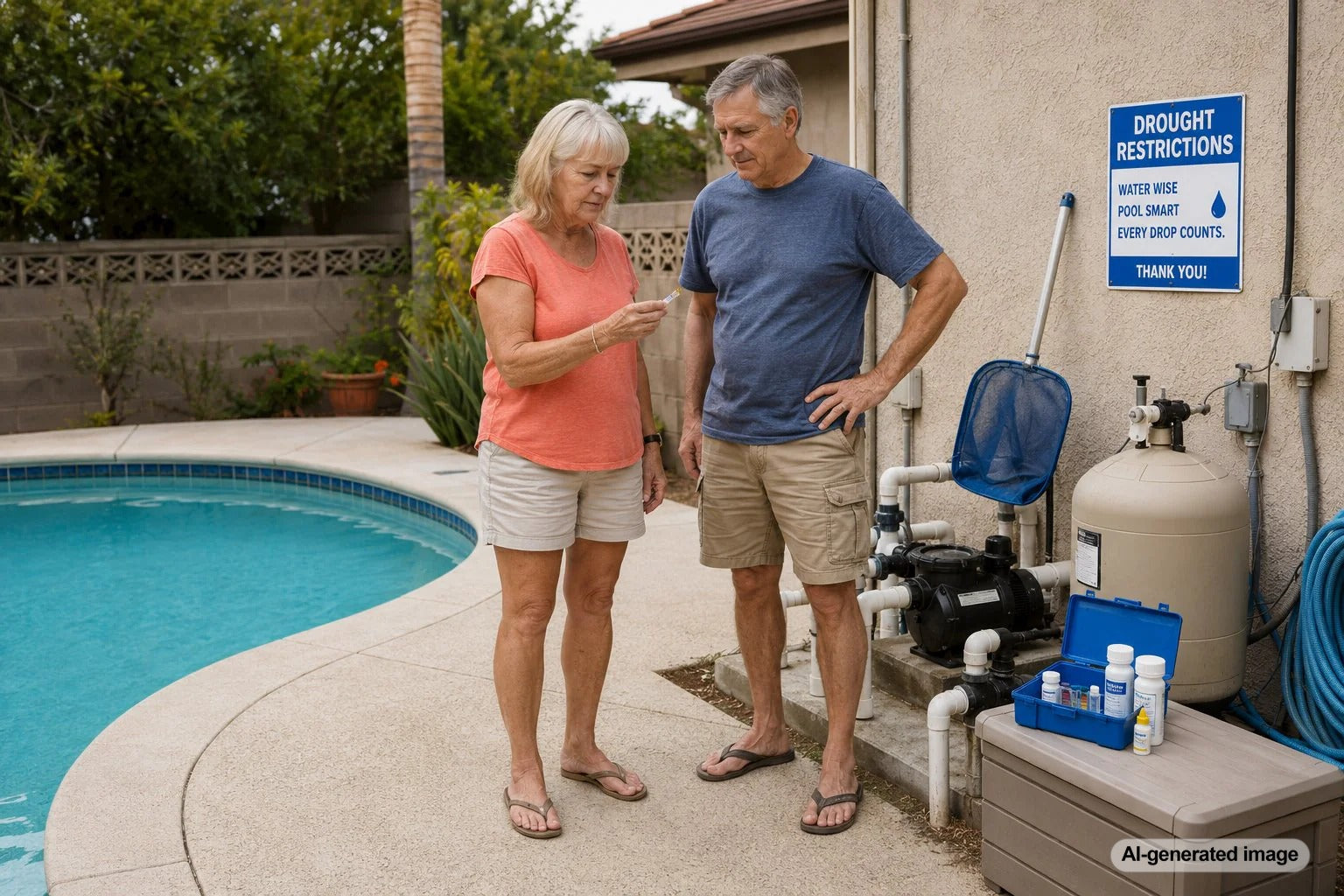 Homeowner conserving swimming pool water while maintaining a covered backyard pool during drought restrictions