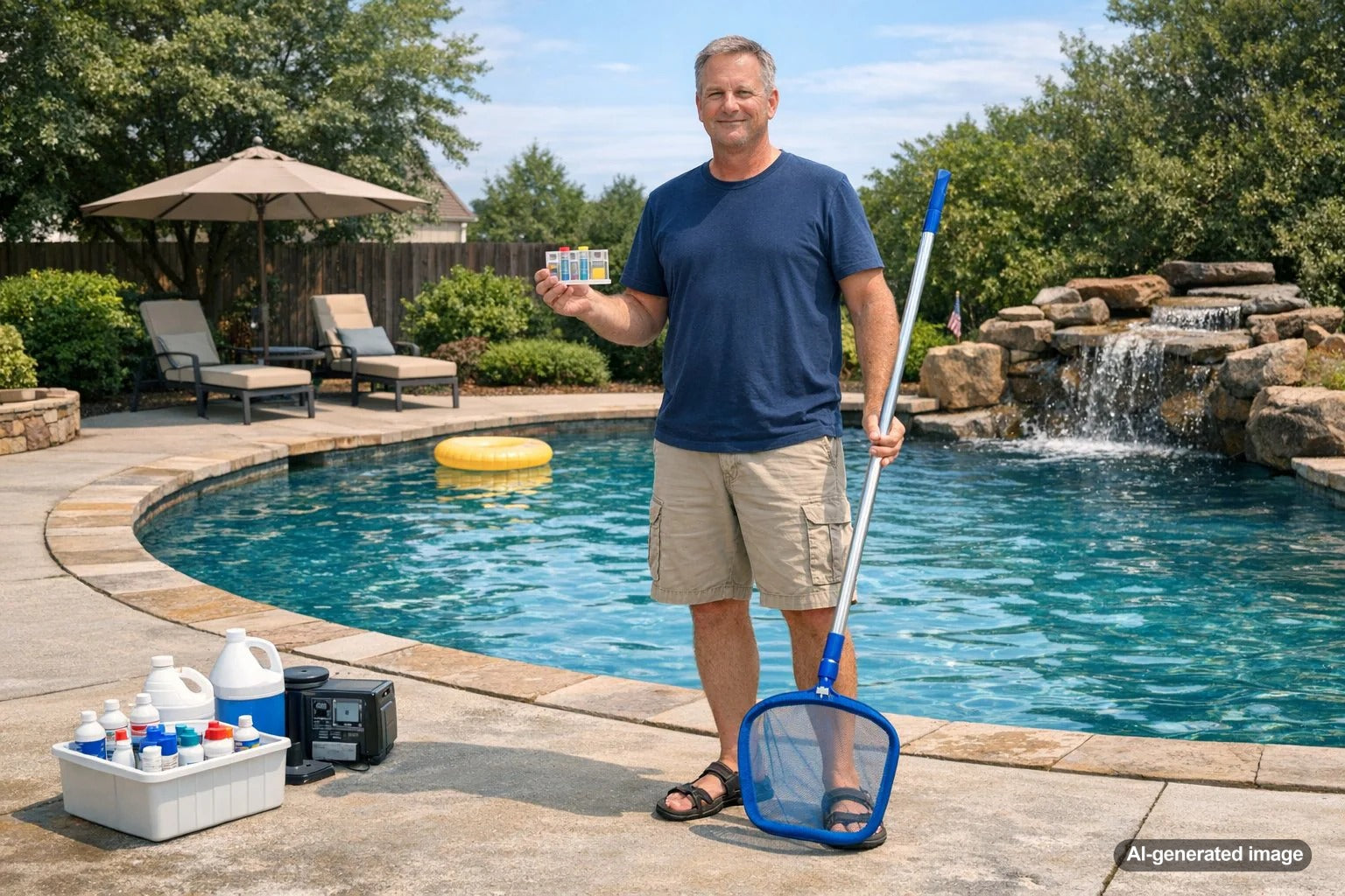 Backyard swimming pool prepared for vacation pool care with clean water and clear blue surface