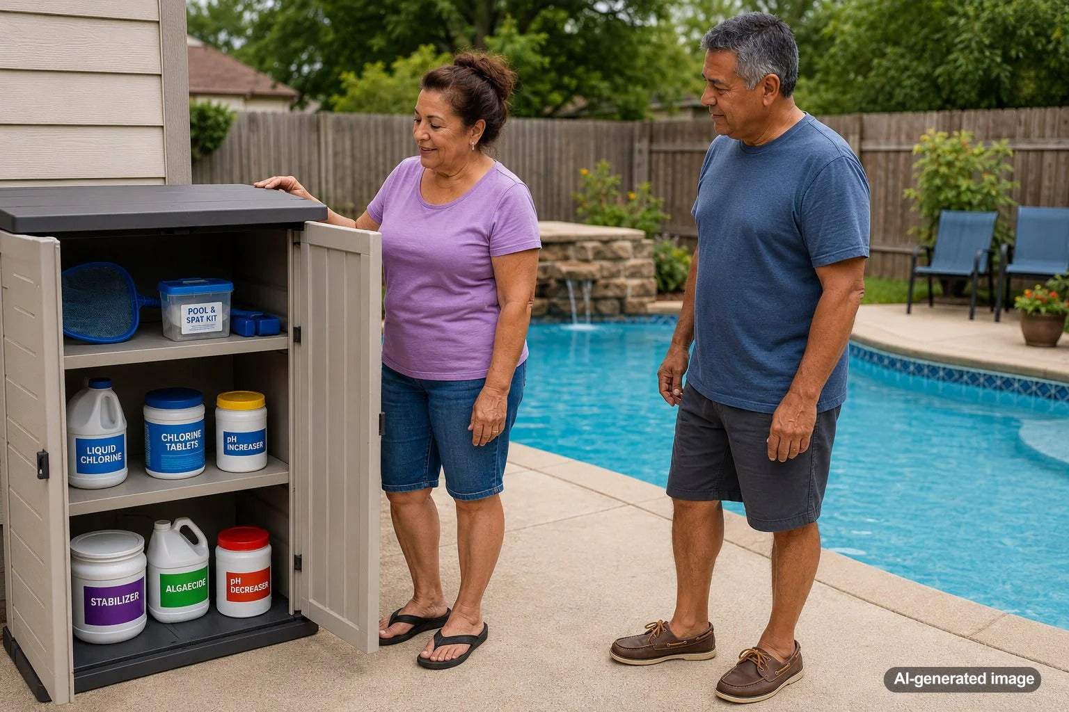 Safely organized pool chemicals stored in a dry, ventilated area for residential pool maintenance