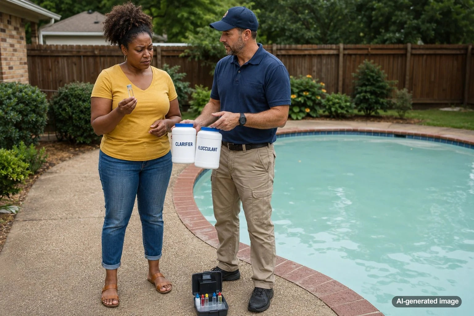 Pool owner comparing clarifier and flocculant products beside a cloudy backyard swimming pool