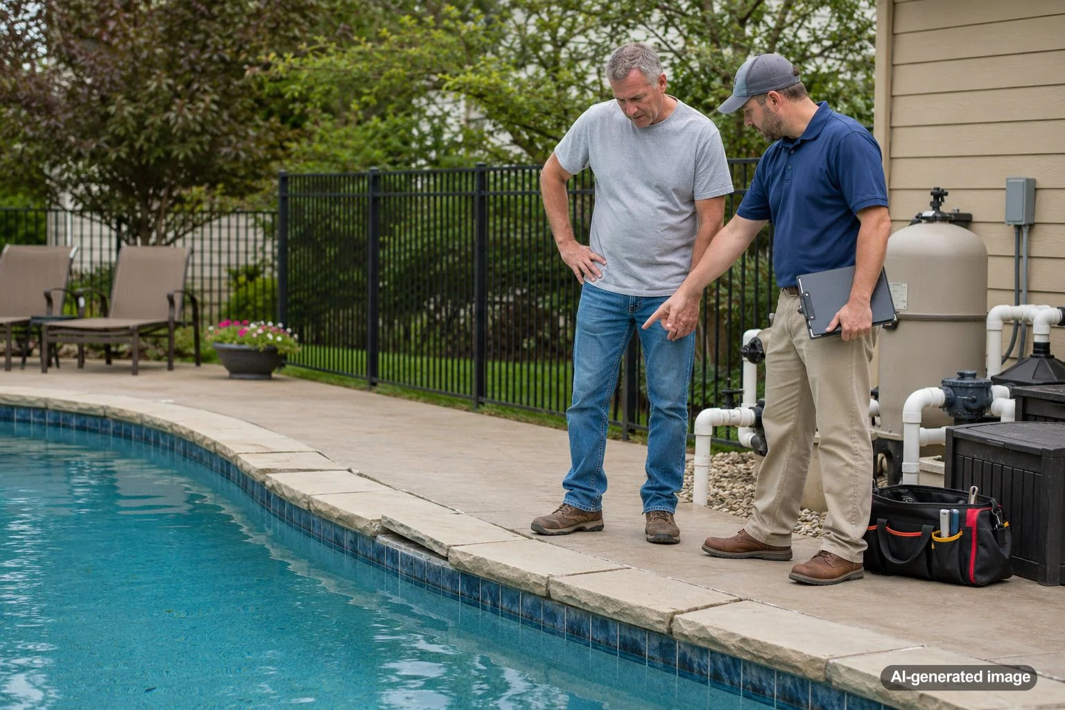 Loose pool coping stones around a swimming pool edge showing signs of perimeter repair needs