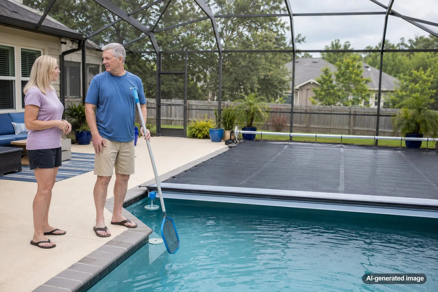 Backyard swimming pool with a protective cover and screened enclosure options for comparing pool protection choices