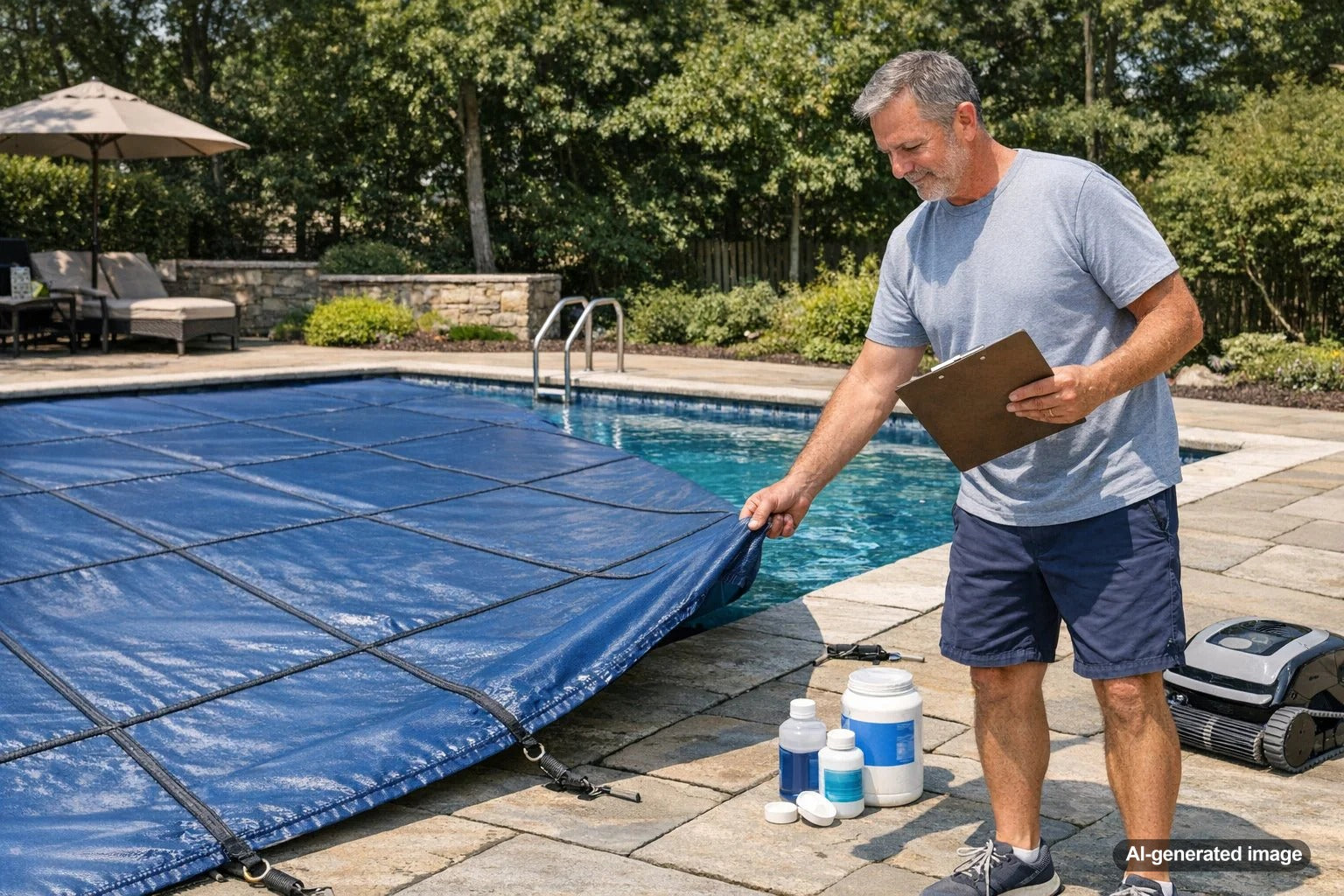 Pool cover over a backyard swimming pool showing long-term pool cover protection and maintenance
