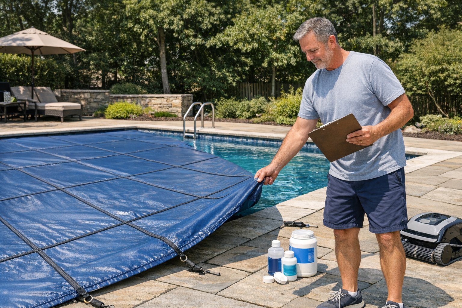Pool cover over a backyard swimming pool showing long-term pool cover protection and maintenance