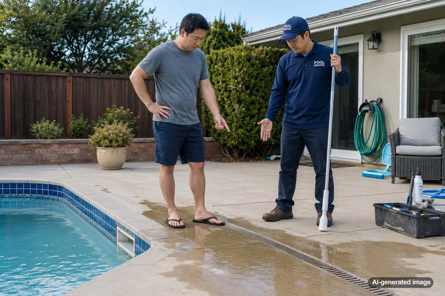 Pool deck drainage problems with standing water near a backyard swimming pool