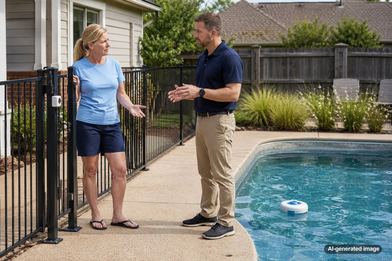 Backyard swimming pool with safety gate and pool alarm comparison for homeowners