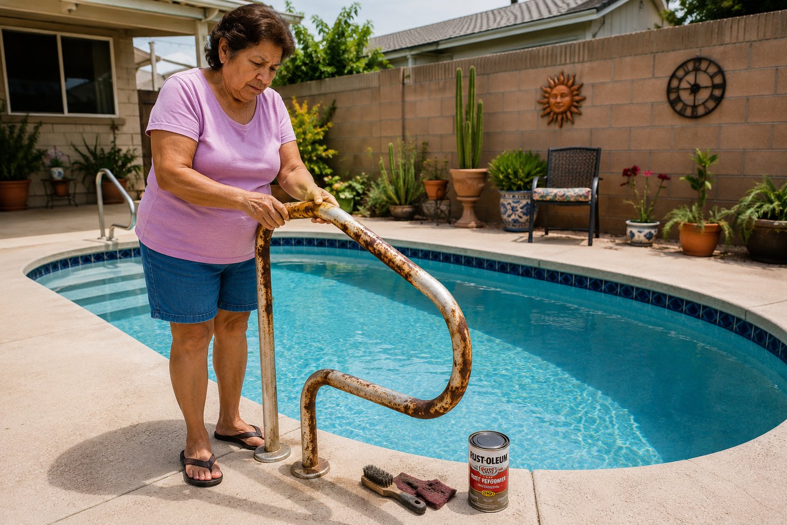 Rusty swimming pool handrail showing whether to repair, replace, or reinstall the rail