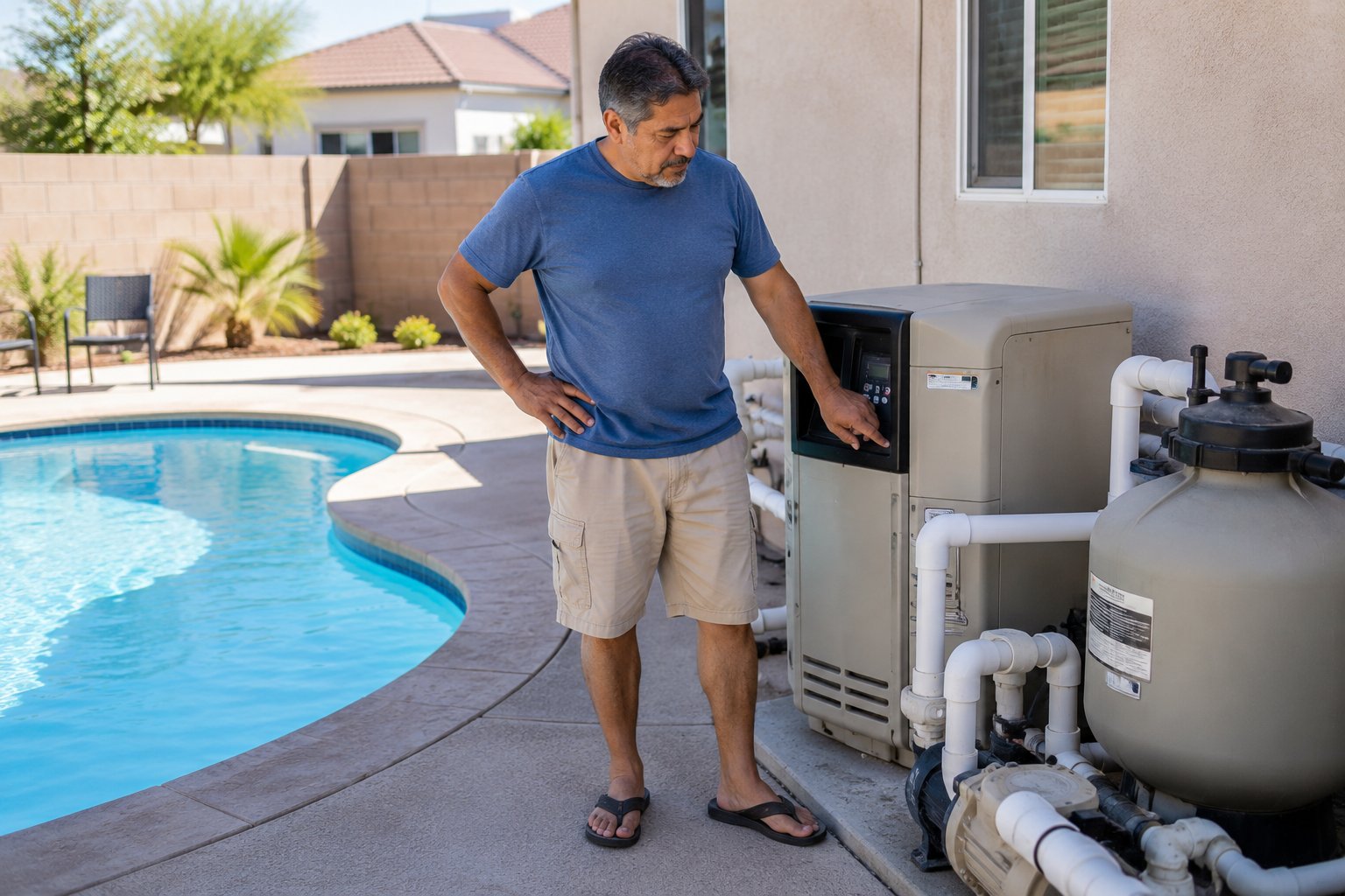 Pool heater equipment beside a swimming pool with troubleshooting focus on short cycling causes and fixes
