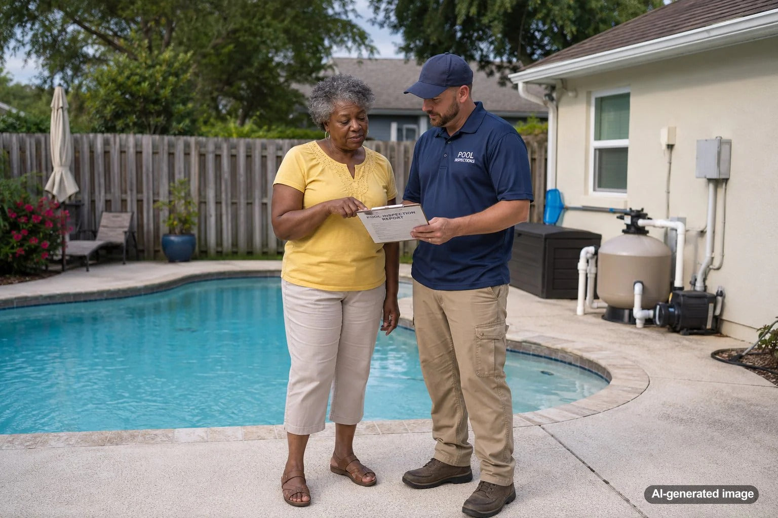 Home buyer reviewing common pool inspection report terms before purchasing a house with a swimming pool