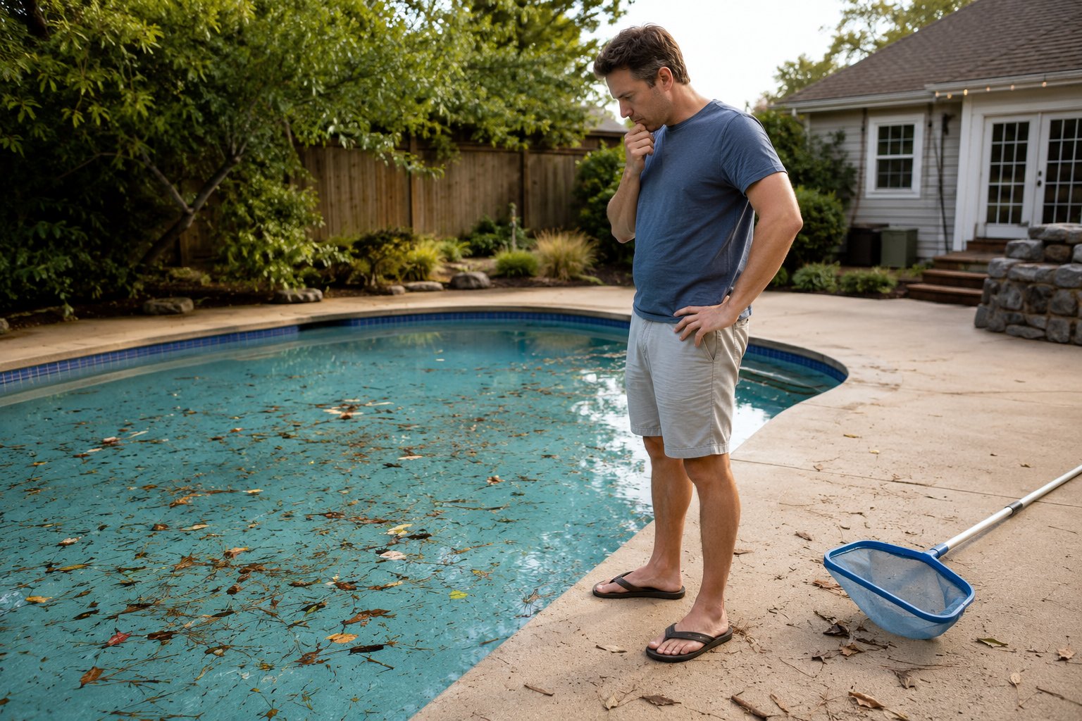 Poolside landscaping with leaves and debris near a backyard swimming pool