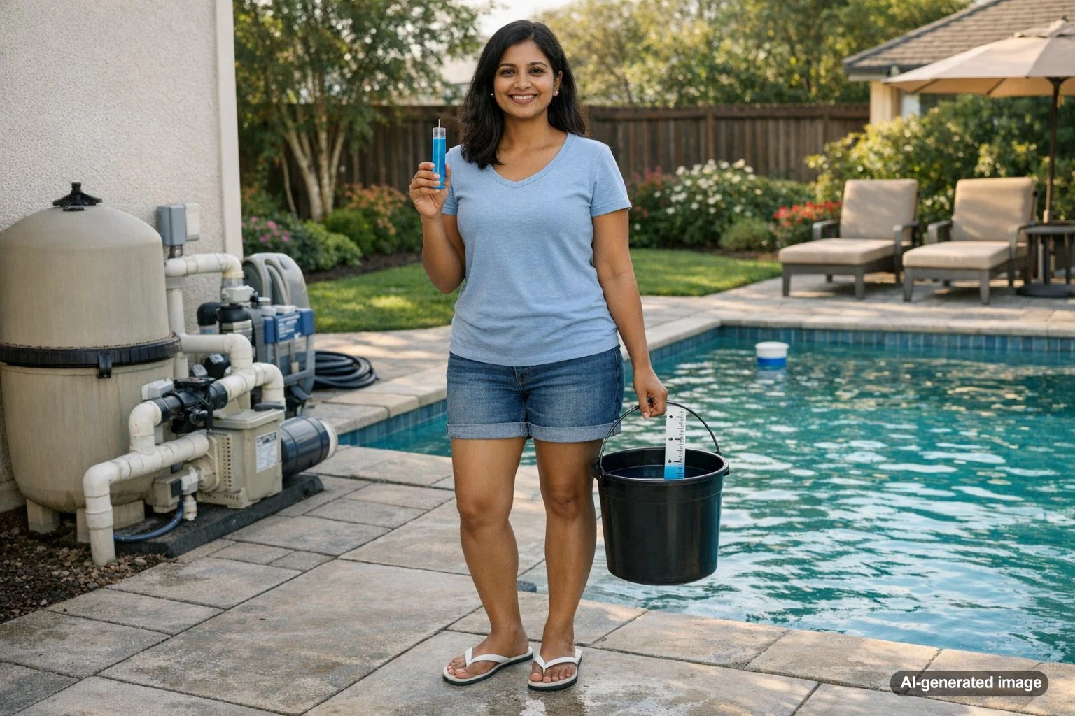 Pool owner checking swimming pool water level before leaving town
