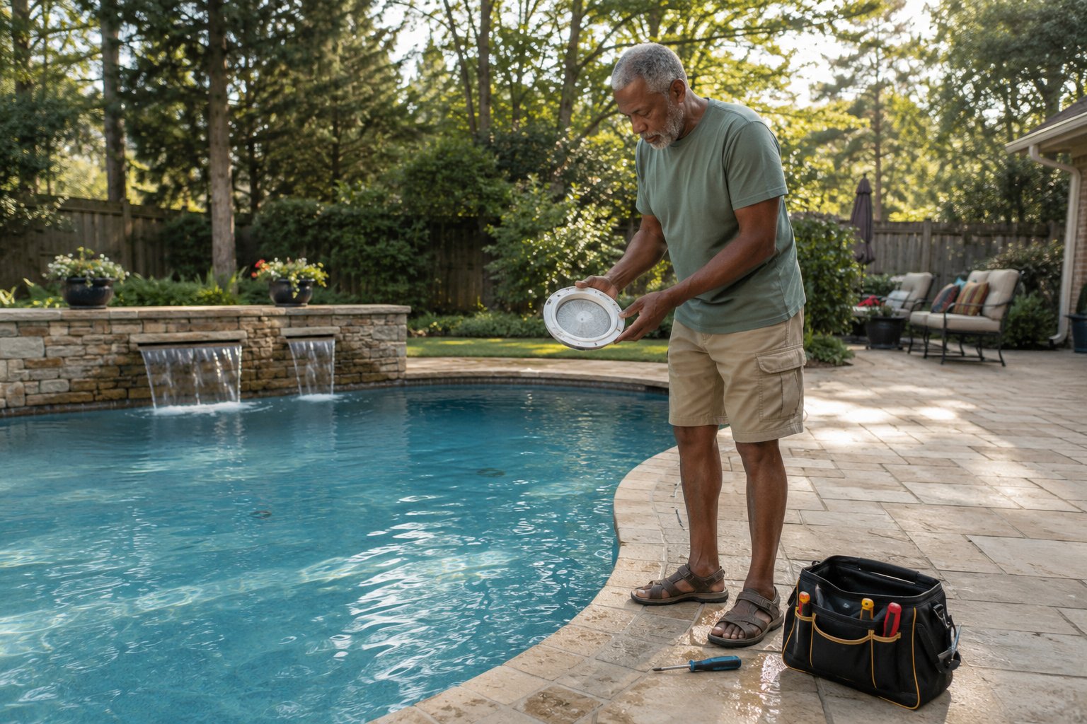 Pool light niche leak repair area on an inground swimming pool wall