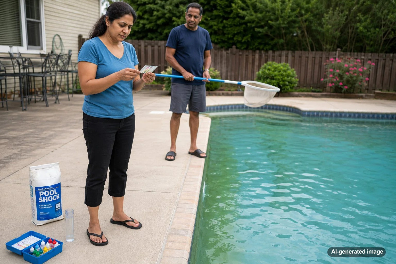 Pool owner testing cloudy swimming pool water for nitrate problems and recurring algae