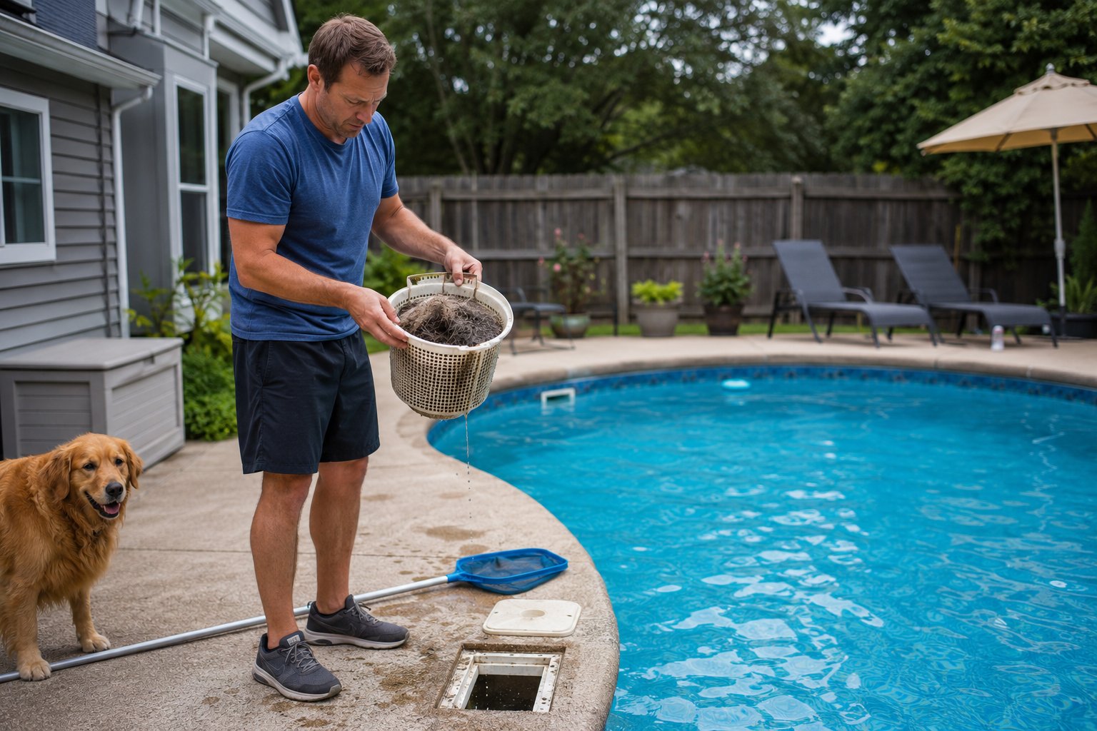 Dog hair and pool filtration issues affecting swimming pool water clarity and equipment maintenance