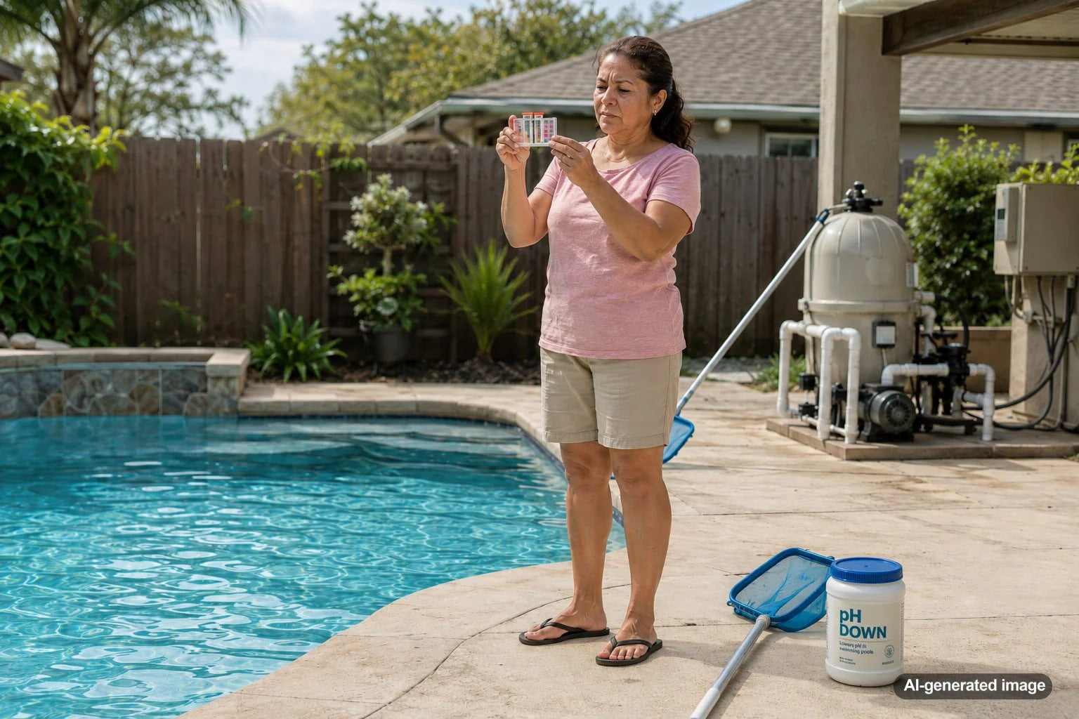 Pool water being tested for rising pH and water chemistry issues