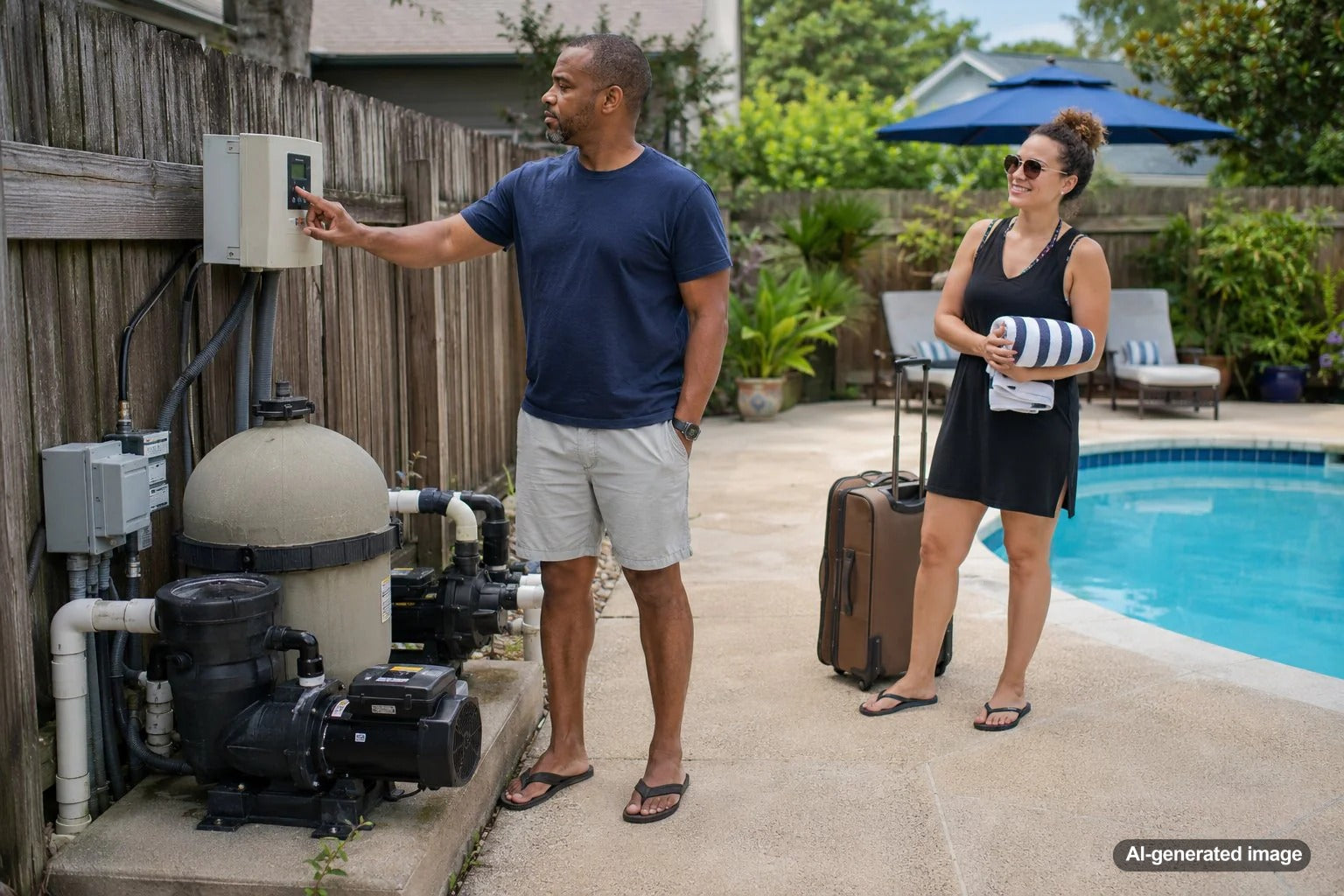 Clear backyard swimming pool with pump settings prepared for vacation maintenance
